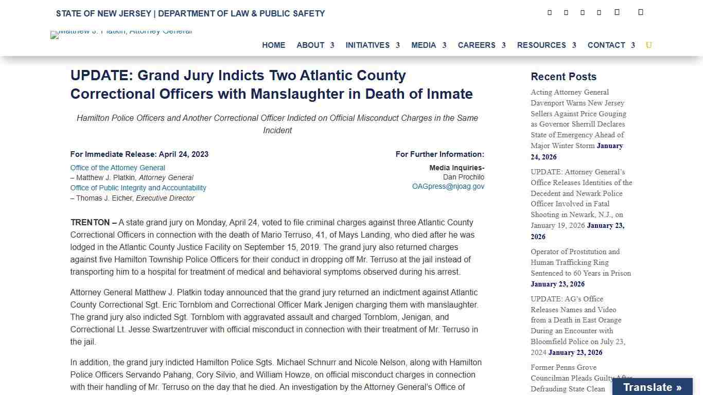 UPDATE: Grand Jury Indicts Two Atlantic County Correctional Officers with Manslaughter in Death of Inmate - New Jersey Office of Attorney General